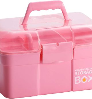 11'' Plastic Storage Box with Removable Tray, Multipurpose Organizer and Storage Case for Art Craft and Cosmetic (Pink)