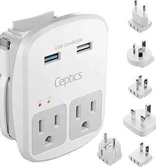 Ceptics Universal Travel Adapter Kit – 2 USA sockets, 2 USB-A (1x QC 3.0) and USB-C cable, Surge Protected, Plugs for EU, UK, China, AU, Japan - Use with Laptop, Phones, Cameras - ETL Tested