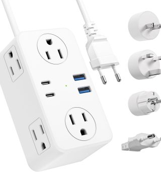 European Travel Plug Adapter, EU/UK/US Travel Plug Adapter Power Strip, 6 AC Outlets, 4 USB Ports (2 USB C), 3ft Wrapped Around Extension Cord, Universal Travel Adapter